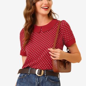 Peter Pan Collar Vintage Polka Dots Short Sleeves Blouse Red/M - Allegra K catalog