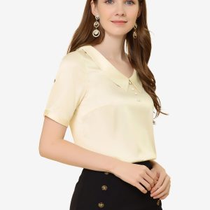 Work Top Turndown Collar Button Decor Short Sleeve Satin Blouse Beige/XS - Allegra K catalog
