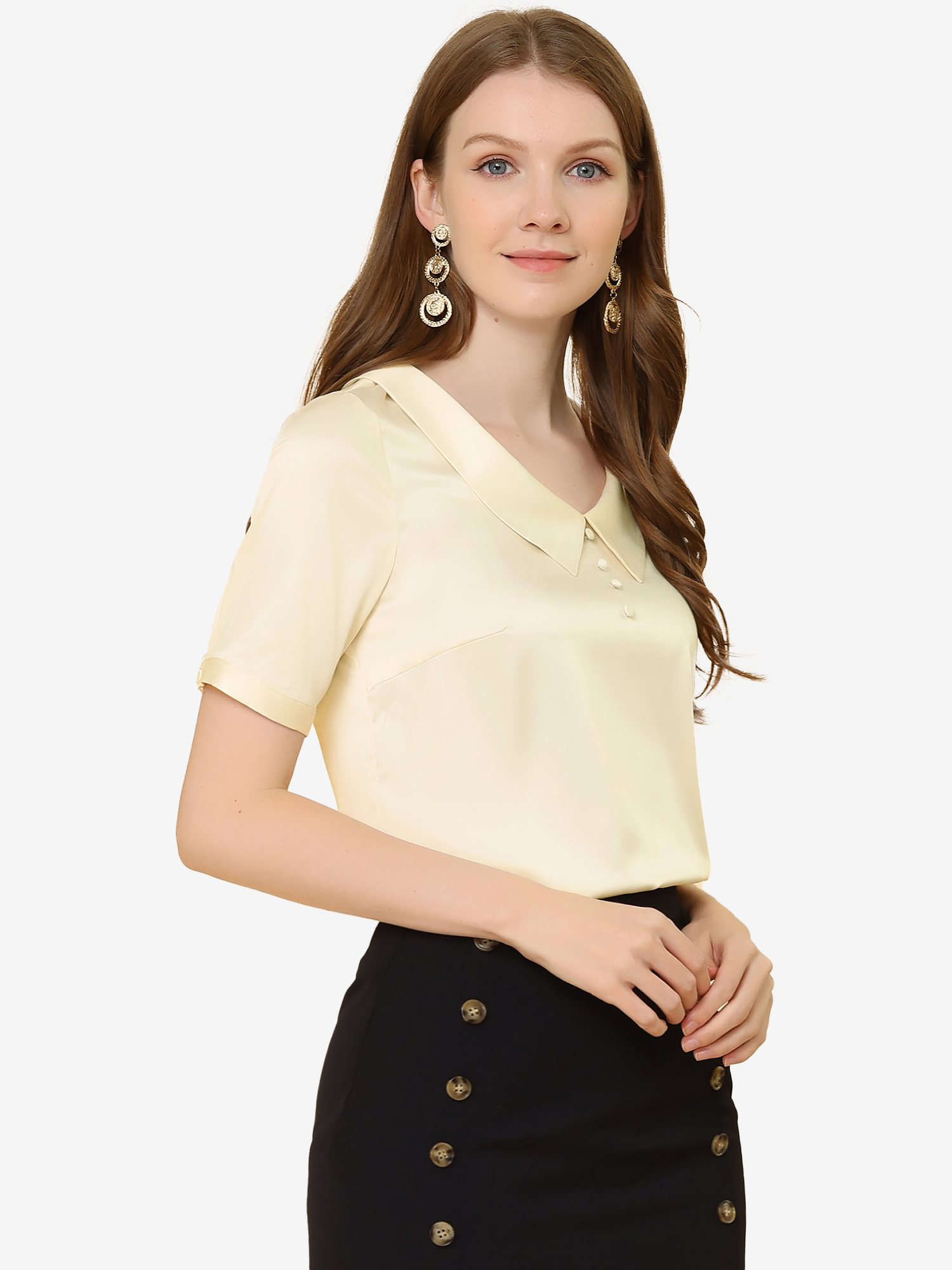Work Top Turndown Collar Button Decor Short Sleeve Satin Blouse Beige/XL - Allegra K catalog