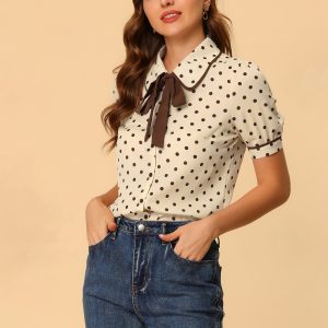 Polka Dot Peter Pan Collar Bow Tie Neck Puff Sleeve Vintage Shirt Beige/XL - Allegra K catalog