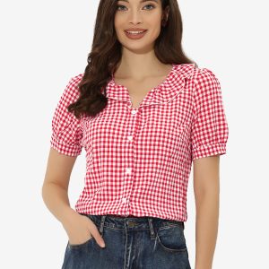 Plaid Blouse Puff Sleeve Ruffle Peter Pan Collar Shirt Top Red/L - Allegra K catalog