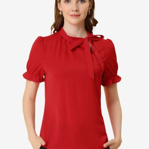 Bow Tie Neck Elegant Office Short Sleeve Blouse Red/S - Allegra K catalog