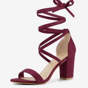 Faux Suede Open Toe Lace Up Chunky High Heel Sandals Burgundy/9.5 - Allegra K catalog