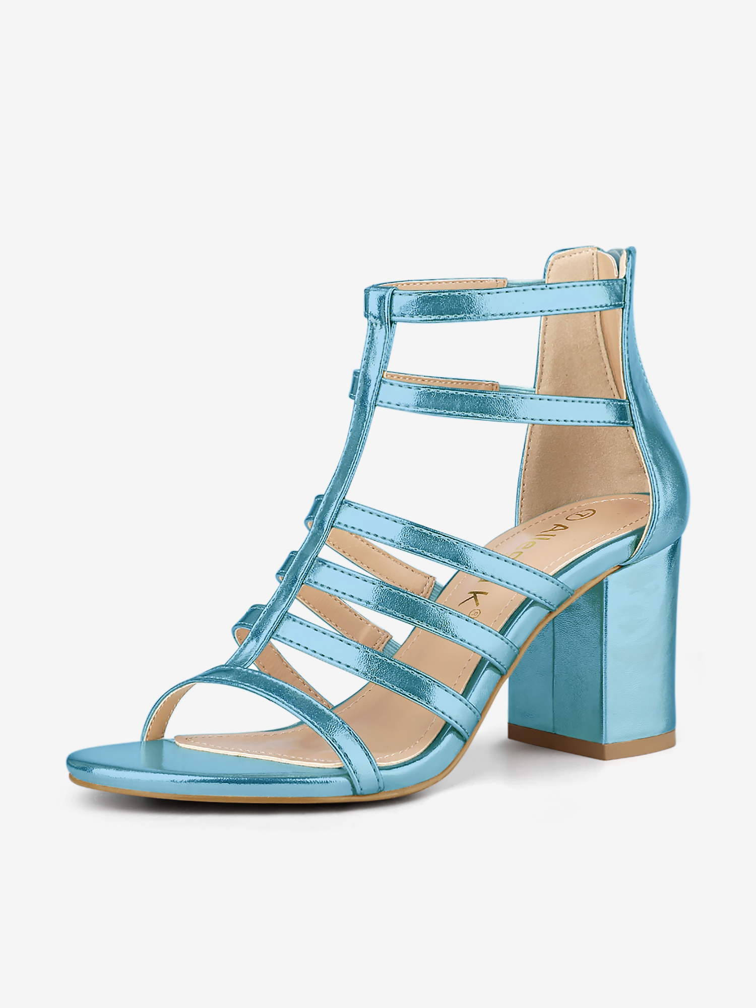 Cage Strappy Gladiators Chunky Heel Sandals Lake Blue/6 - Allegra K catalog