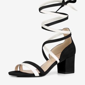 Open Toe Color Block Heel Lace Up Sandals Black White/10 - Allegra K catalog