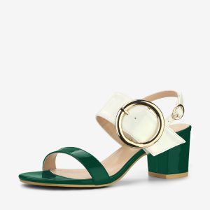 Dual Straps Buckle Decor Slingback Block High Heel Sandals Green White/10 - Allegra K catalog
