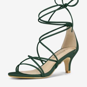 Synthetic Leather Strappy Kitten Heel Lace Up Sandals Green/7.5 - Allegra K catalog