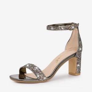 Glitter Ankle Strap Chunky Heel Sandal Gunmetal/8.5 - Allegra K catalog