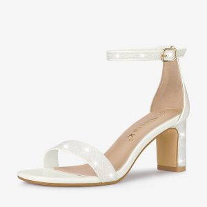 Glitter Ankle Strap Chunky Heel Sandal White powder/6 - Allegra K catalog