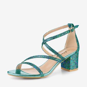 Glitter Crisscross Strap Chunky Heel Sandals Green/6 - Allegra K catalog