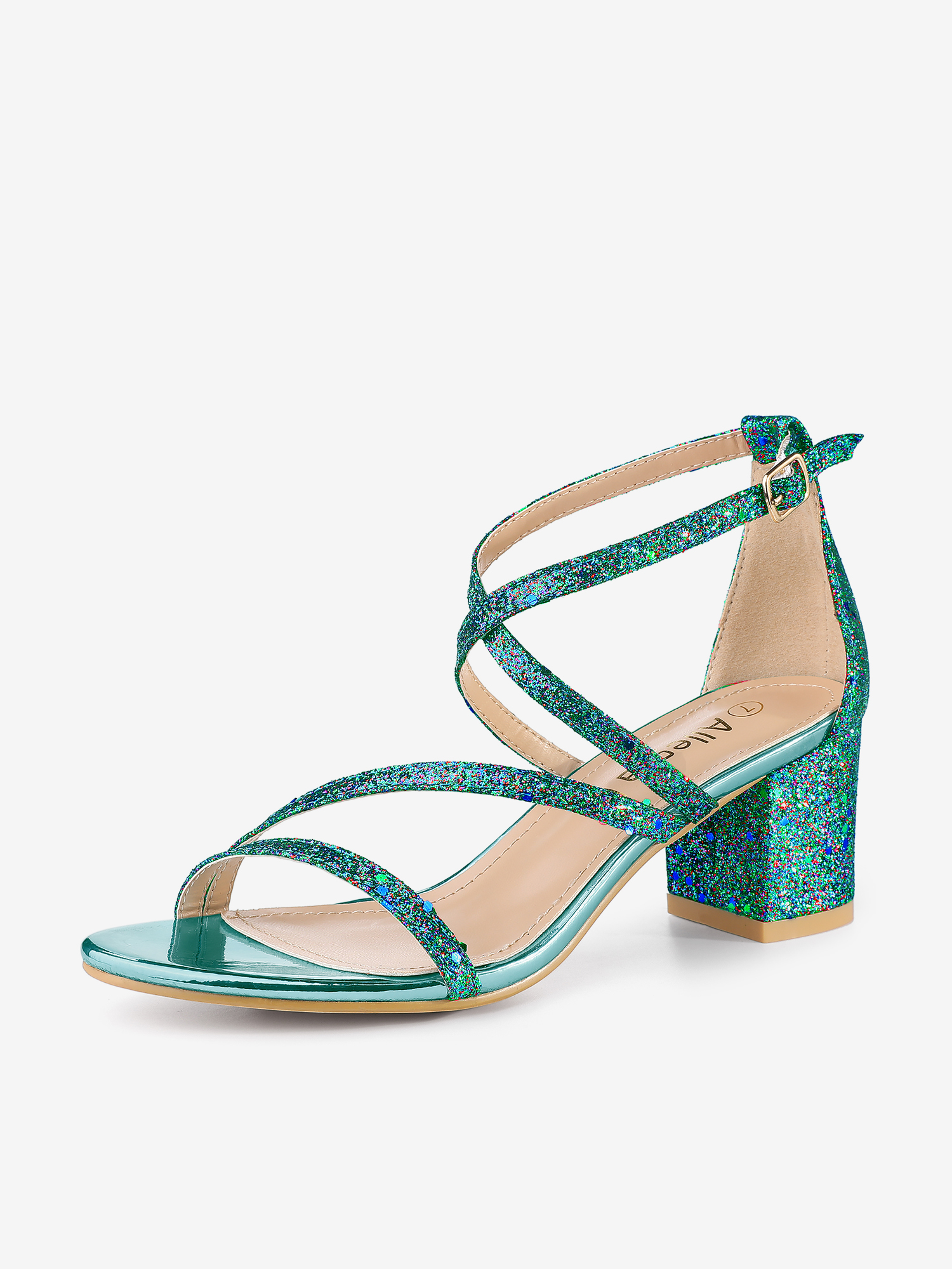 Glitter Crisscross Strap Chunky Heel Sandals Green/6 - Allegra K catalog