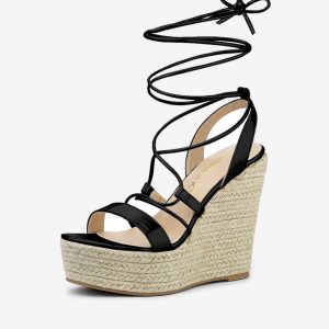 Espadrilles Platform Wedges Heel Lace Up Sandals Black/7.5 - Allegra K catalog