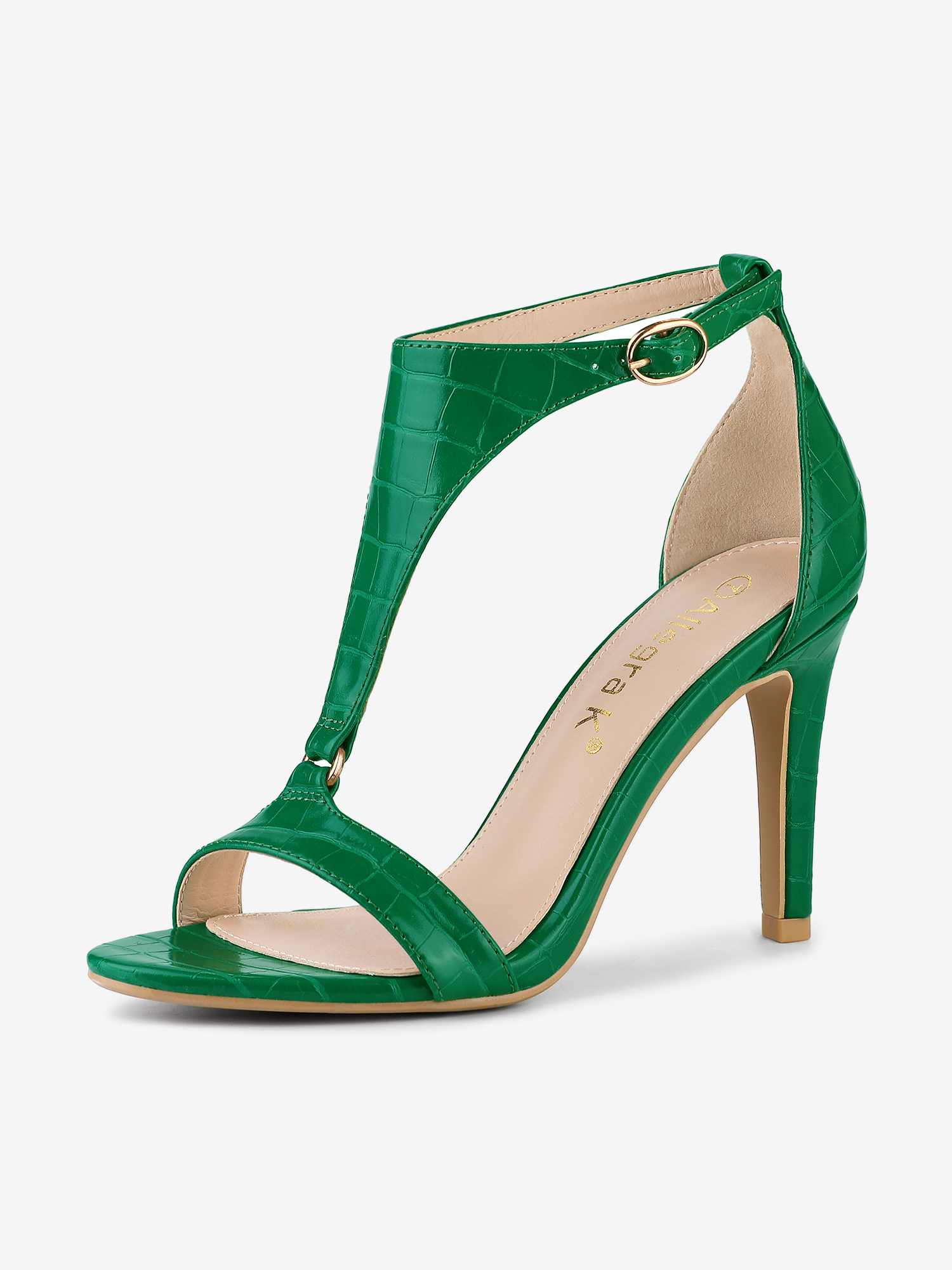 T-Strap Croc Embossed Stiletto Heel Buckle Closure Sandals Green/7 - Allegra K catalog