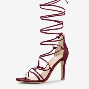 Strappy Straps Lace Up Stiletto Heel Sandals Burgundy/7 - Allegra K catalog