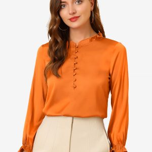 Ruffle Neck Bubble Sleeve Elastic Cuff Button Satin Blouse Caramel/XS - Allegra K catalog