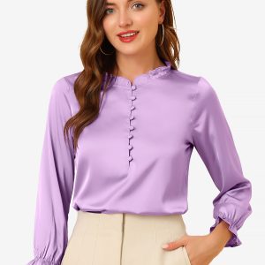 Ruffle Neck Bubble Sleeve Elastic Cuff Button Satin Blouse Lavender/L - Allegra K catalog