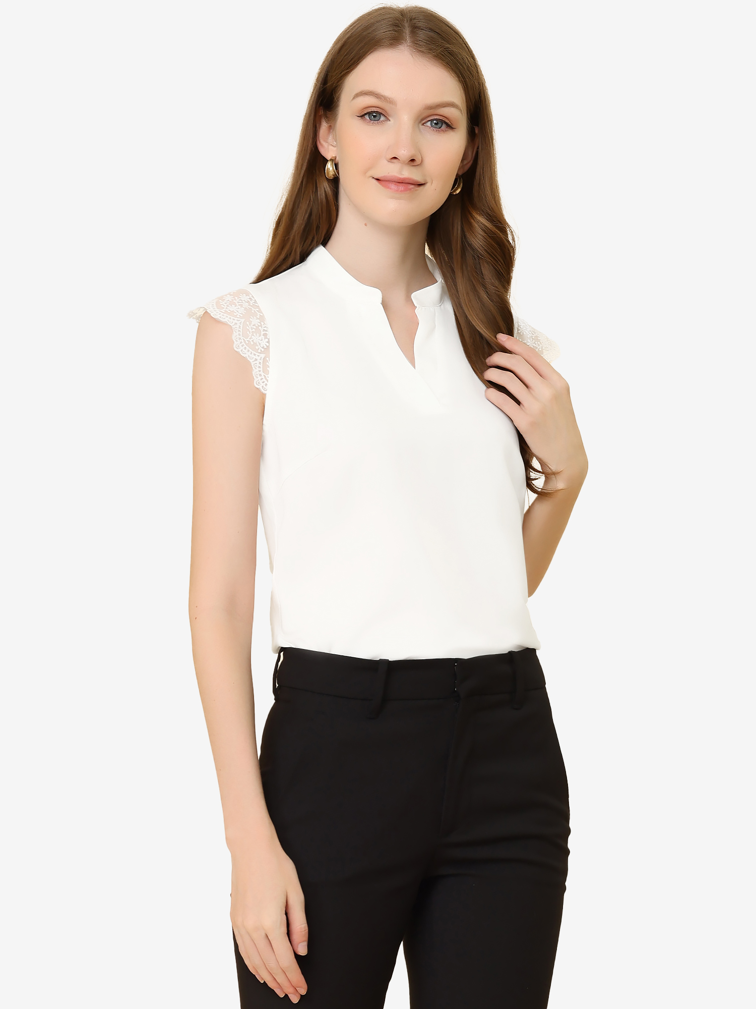 Work Top Office Lace Cap Sleeve Basic Shirt Blouse White/XS - Allegra K catalog
