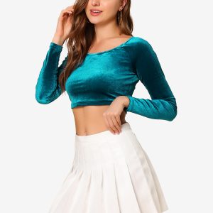 Velvet Long Sleeve Off Shoulder Solid Crop Top Peacock Blue/M - Allegra K catalog