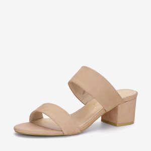 Block Heel Round Toe Dual Straps Slide Sandals Nude/8.5 - Allegra K catalog