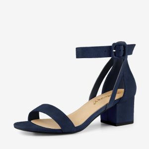 Faux Suede Ankle Strap Block Low Heel Sandals Navy Blue/6.5 - Allegra K catalog