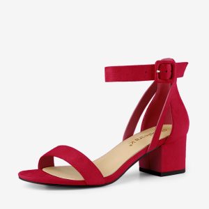 Faux Suede Ankle Strap Block Low Heel Sandals Red/8.5 - Allegra K catalog