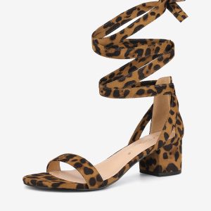 Open Toe Block Heel Lace Up Ankle Strap Sandals Leopard/6.5 - Allegra K catalog