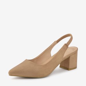 Faux Suede Pointed Toe Block Heel Slingback Pumps Nude/7.5 - Allegra K catalog