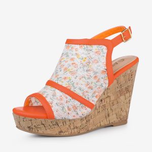 Open Toe Platform Heel Lace Wedge Slingback Sandals Orange Flower/8 - Allegra K catalog