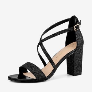 Glitter Crisscross Strap Block Heel Sandals Black/6 - Allegra K catalog