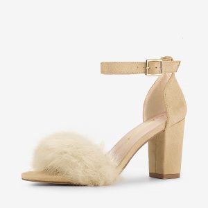 Faux Fur Ankle Strap Block Heel Sandals Beige/7 - Allegra K catalog