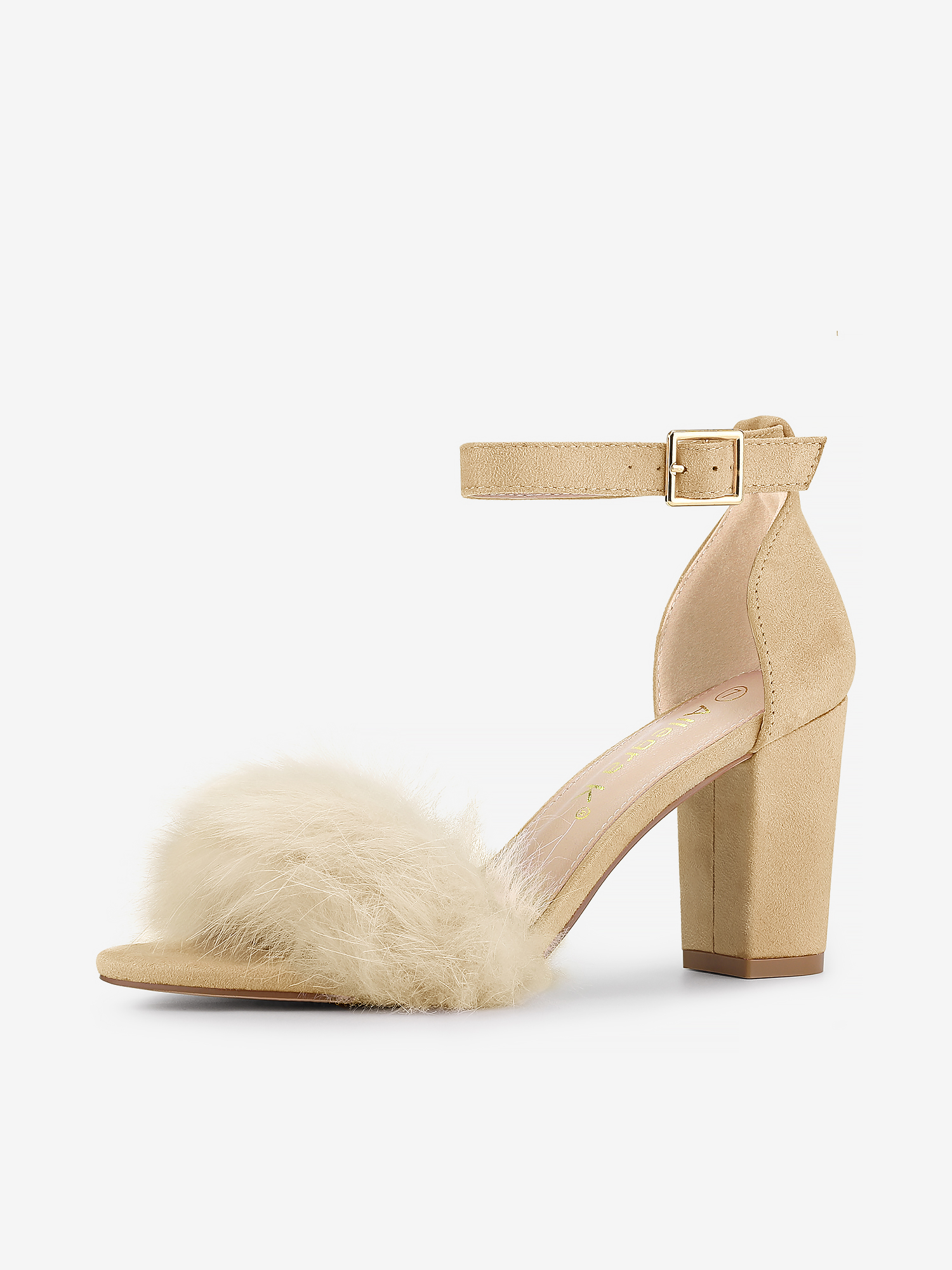 Faux Fur Ankle Strap Block Heel Sandals Beige/7 - Allegra K catalog