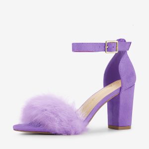 Faux Fur Ankle Strap Block Heel Sandals Purple/8 - Allegra K catalog
