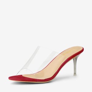 Clear Strap Open Toe Slip On Stiletto Heel Slide Sandals Red/9 - Allegra K catalog