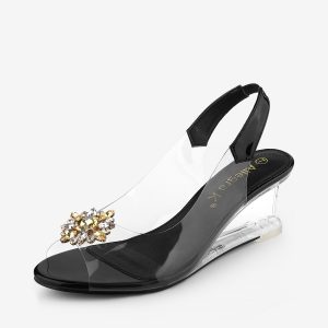 Clear Slingback Wedges Rhinestone Transparent Peep Toe Heel Black/8 - Allegra K catalog