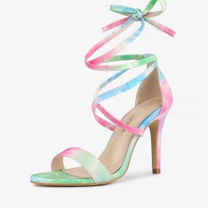 Elegant Open Toe Tie Dye Lace Up Stiletto Heel Sandals Green Pink/9 - Allegra K catalog