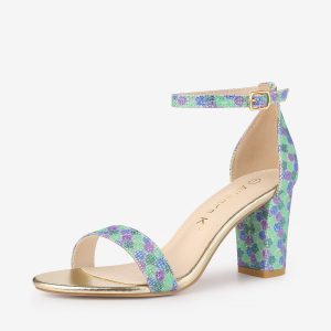 Colorful Gradient Glitter Chunky Heel Ankle Strap Sandals Green/7 - Allegra K catalog