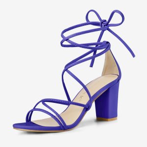 Lace Up Strappy Straps Chunky Heel Sandals Dark Blue/6 - Allegra K catalog