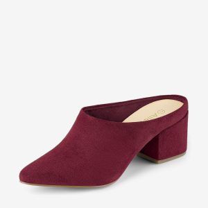 Faux Suede Pointed Toe Slip On Block Heel Slide Mules Burgundy/6.5 - Allegra K catalog