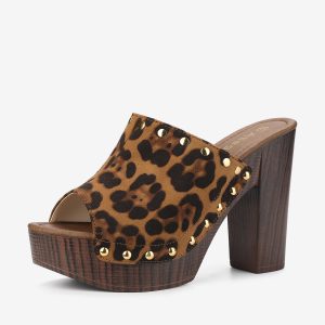 Open Toe Platform Block Heel Slides Sandals Leopard/9.5 - Allegra K catalog