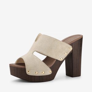 Faux Suede Platform High Block Heel Slides Sandals Beige/8.5 - Allegra K catalog