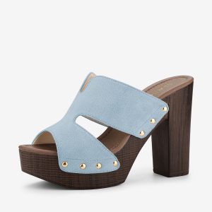 Faux Suede Platform High Block Heel Slides Sandals Sky Blue/7 - Allegra K catalog