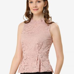 Lace Floral Ruffle Neck Keyhole Back Sleeveless Peplum Top Pink/M - Allegra K catalog