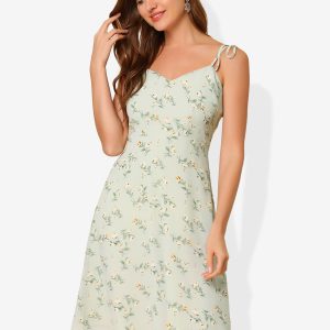 Spaghetti Strap Dress A-Line Smocked Beach Summer Floral Sundress Light Green/XS - Allegra K catalog