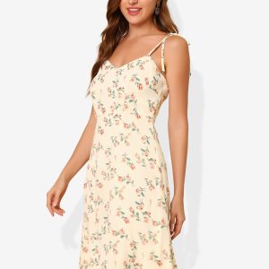 Spaghetti Strap Dress A-Line Smocked Beach Summer Floral Sundress Beige/M - Allegra K catalog