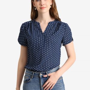 Polka Dots Print V Neck Short Sleeve Elegant Work Office Tops Navy Blue/XS - Allegra K catalog