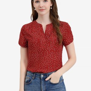 Polka Dots Print V Neck Short Sleeve Elegant Work Office Tops Red/L - Allegra K catalog