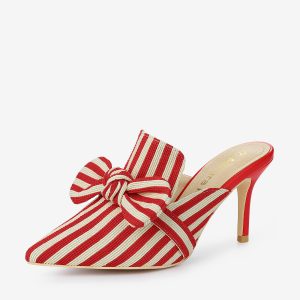 Stripe Bow Slip on Stiletto Heel Slides Mules Red/7 - Allegra K catalog