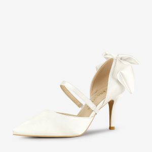 Pointed Toe Bow Satin Stiletto Heel Pumps White/9 - Allegra K catalog
