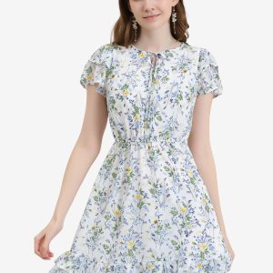 Ruffle Sleeve V Neck Above Knee A-Line Floral Chiffon Dress White/S - Allegra K catalog