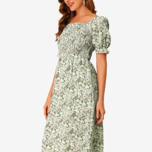 Square Neck Puff Sleeve Shirred Floral Casual Midi Dress Gray/XS - Allegra K catalog